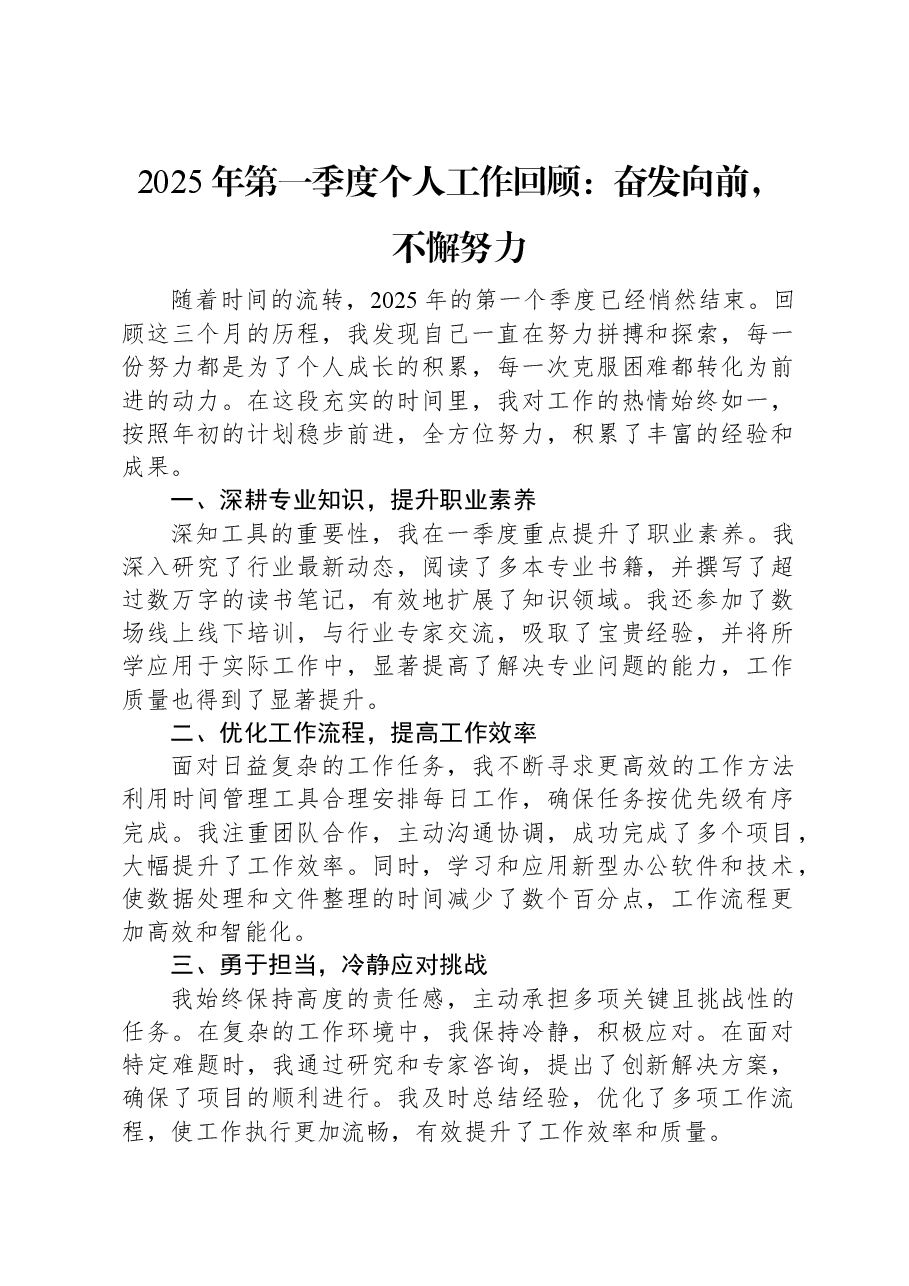 2025年第一季度个人工作回顾:奋发向前,不懈努力.docx,第1页预览