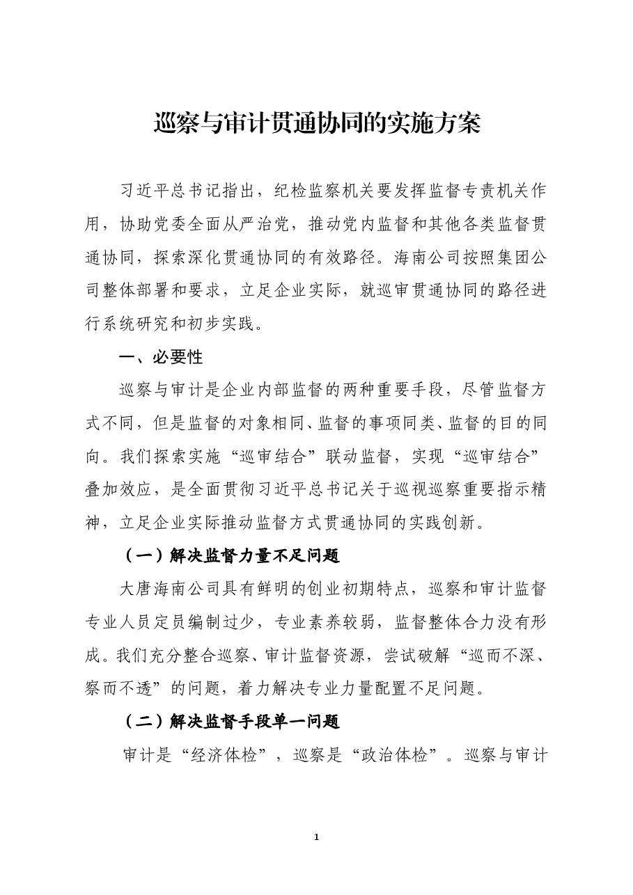 国有企业巡察与审计贯通协同实施方案.doc，第1页预览