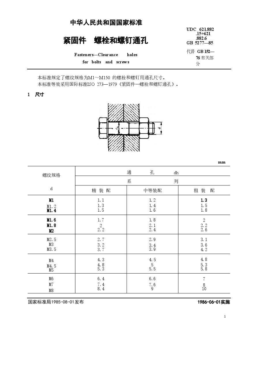 GBT5277-1985 紧固件 螺栓和螺钉通孔.doc，第1页预览