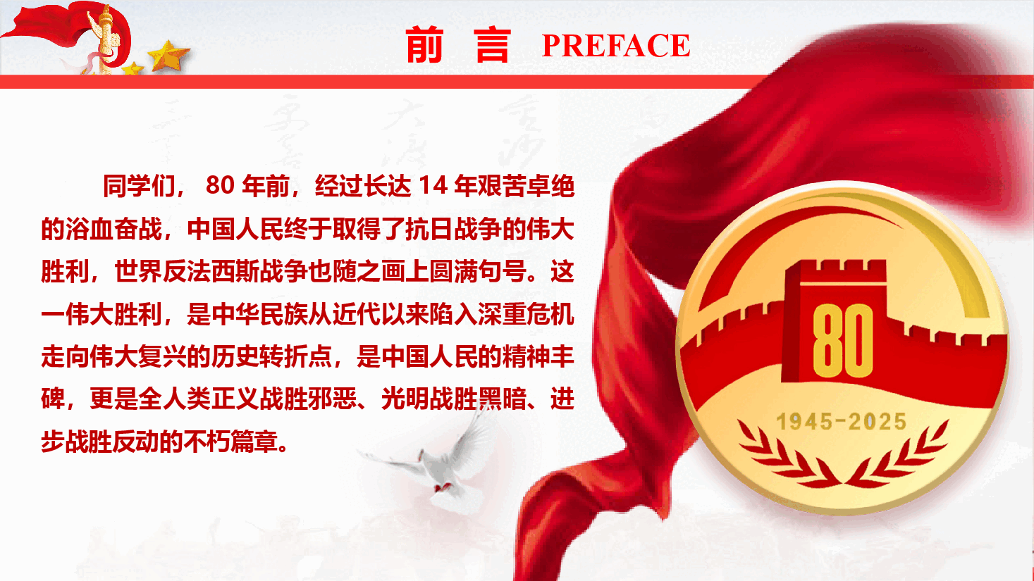 (灰色为蒙版,下载后正常)开学第一课《弘扬伟大抗战精神,书写无愧于时代的青春篇章》(PPT+文字稿).pptx,第2页预览