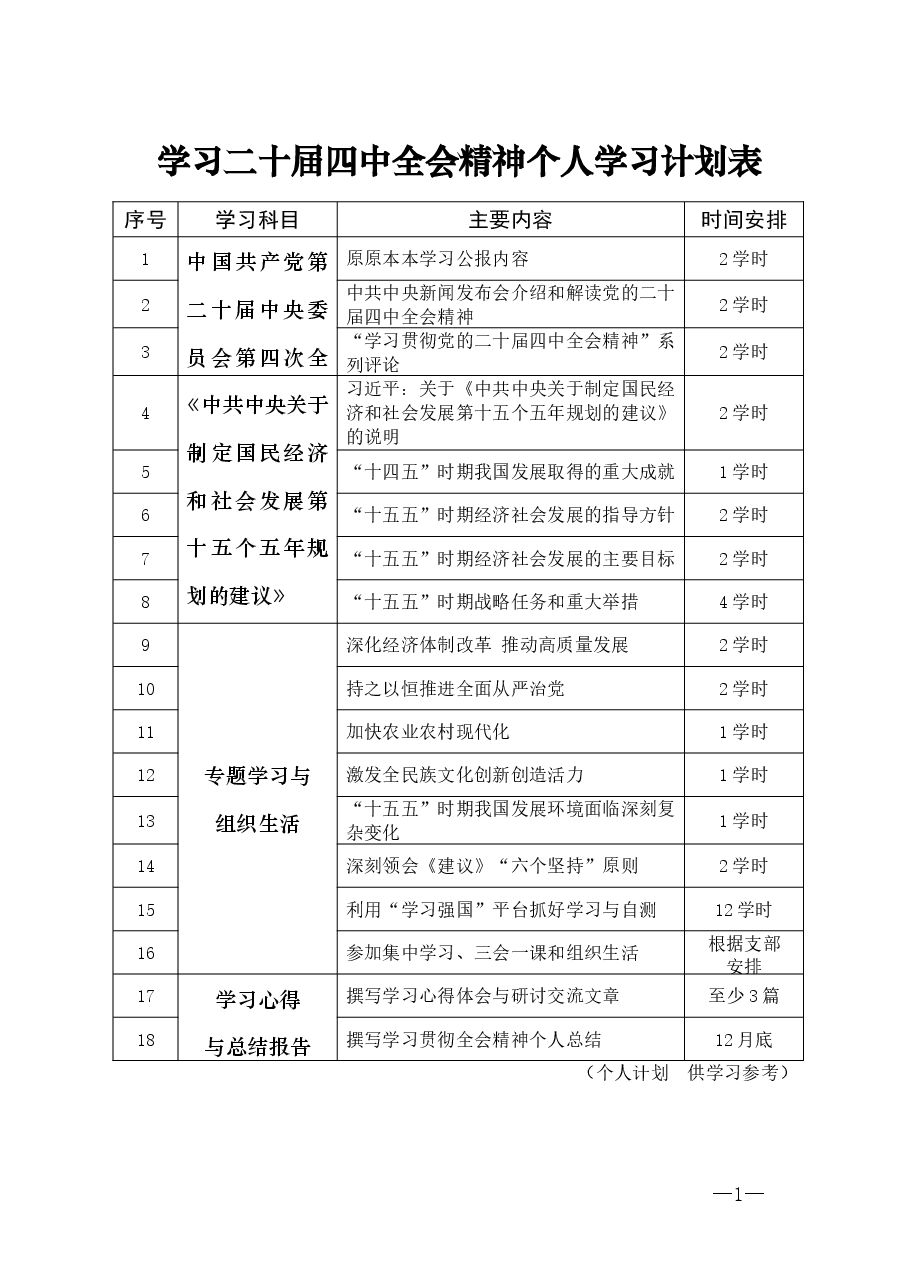 学习二十届四中全会精神个人学习计划表.doc,第1页预览