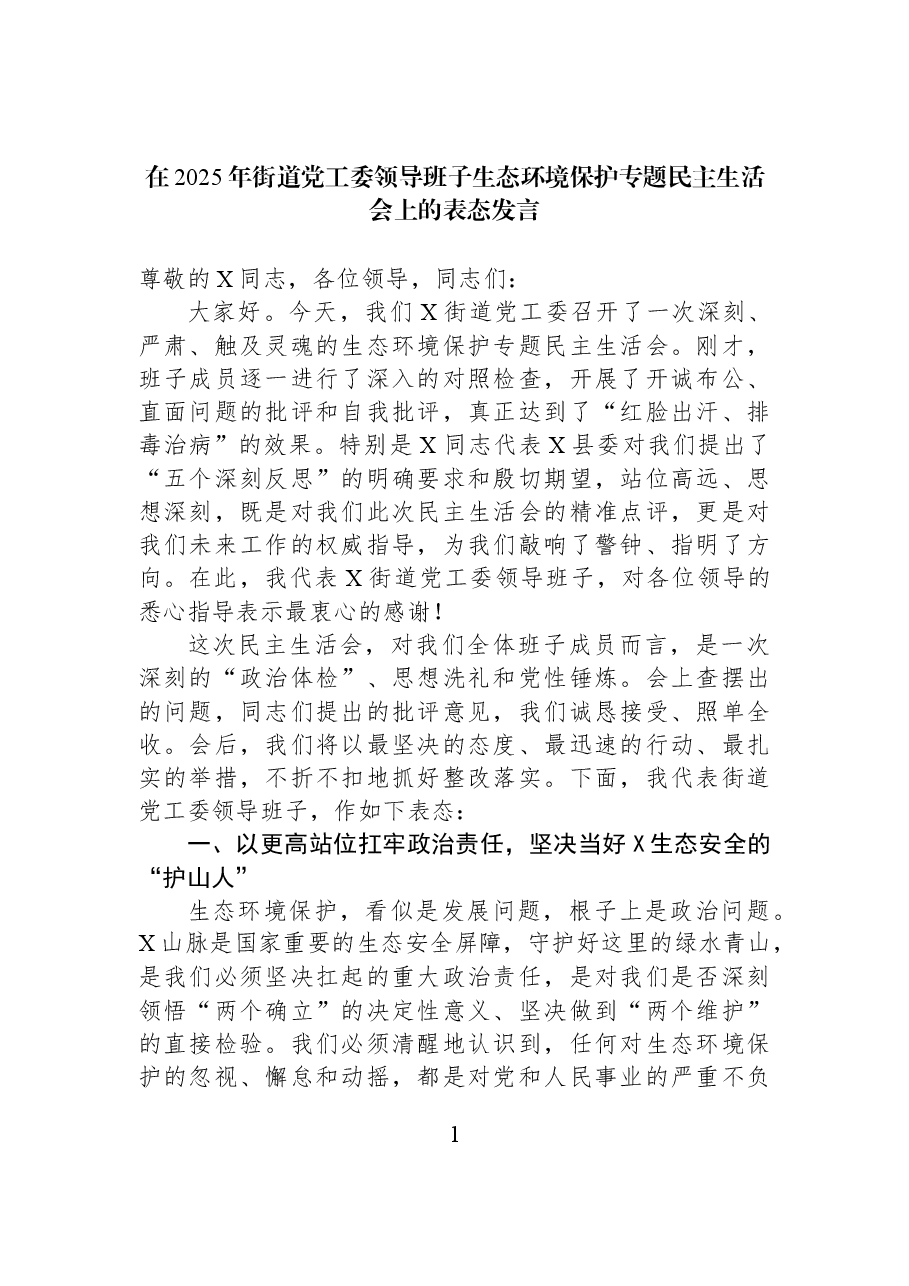 在2025年街道党工委领导班子生态环境保护专题民主生活会上的表态发言.docx,第1页预览