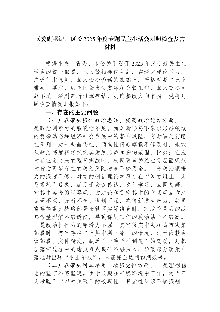区委副书记、区长2025年度专题民主生活会对照检查发言材料.docx,第1页预览