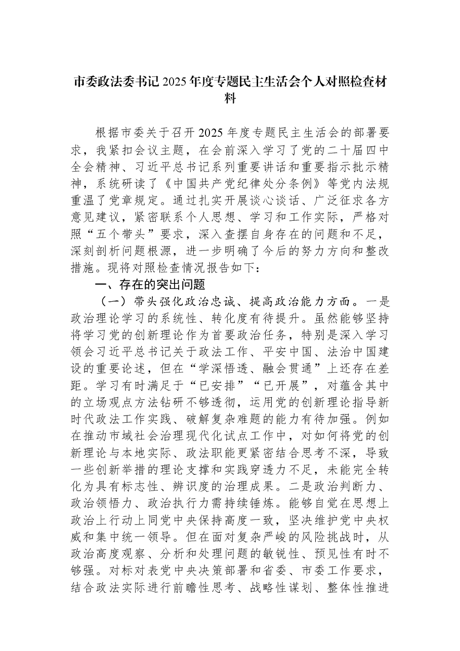 市委政法委书记2025年度专题民主生活会个人对照检查材料.docx,第1页预览