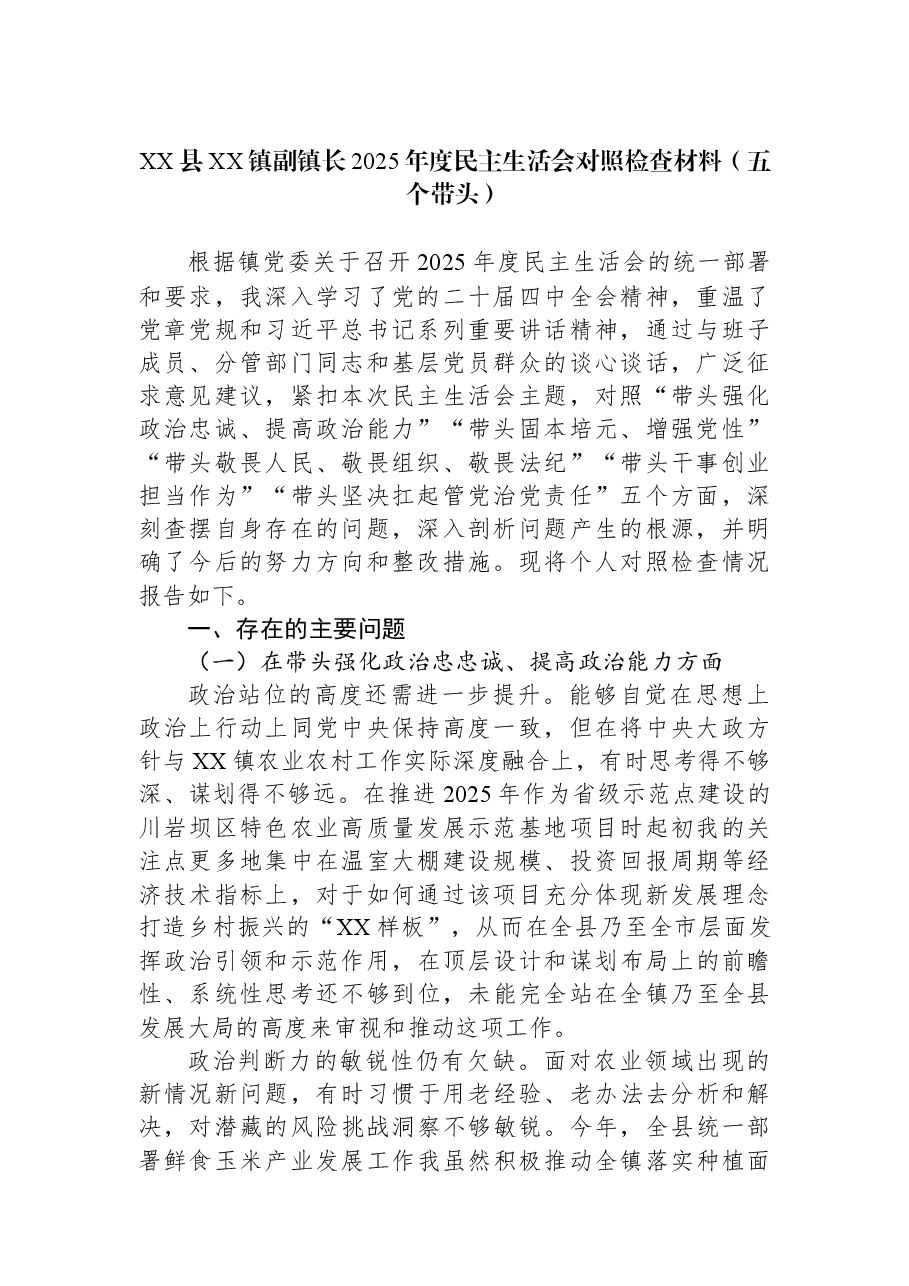 XX县XX镇副镇长2025年度民主生活会对照检查材料(五个带头).docx,第1页预览