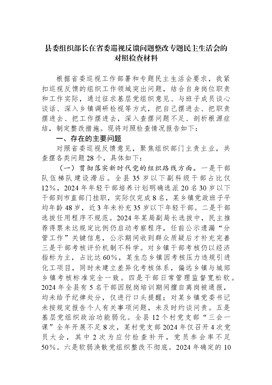 县委组织部长在省委巡视反馈问题整改专题民主生活会的对照检查材料.docx，第1页预览