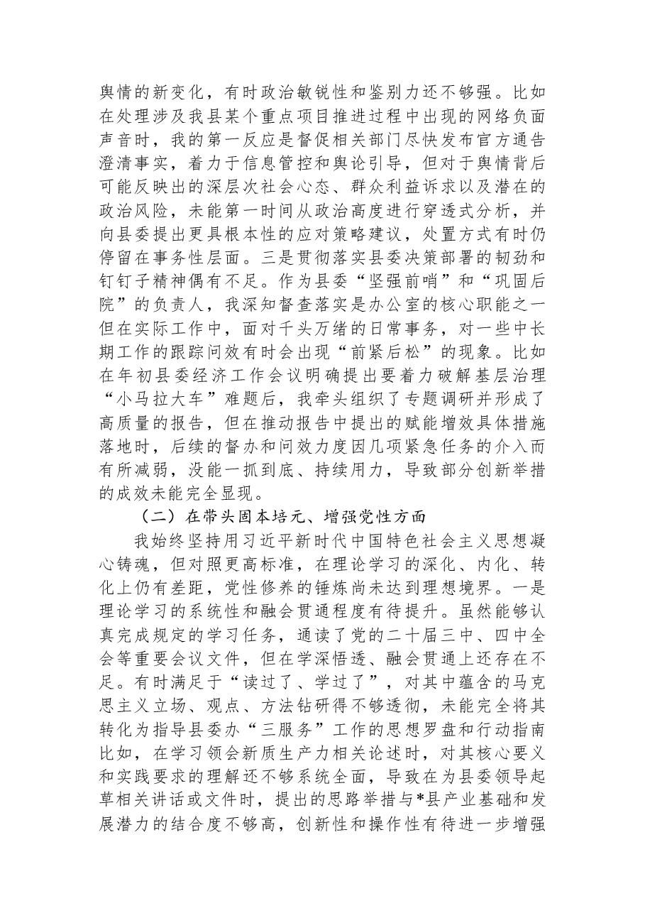 县委办公室主任2025年度民主生活会个人对照检查材料(五个带头).docx,第2页预览