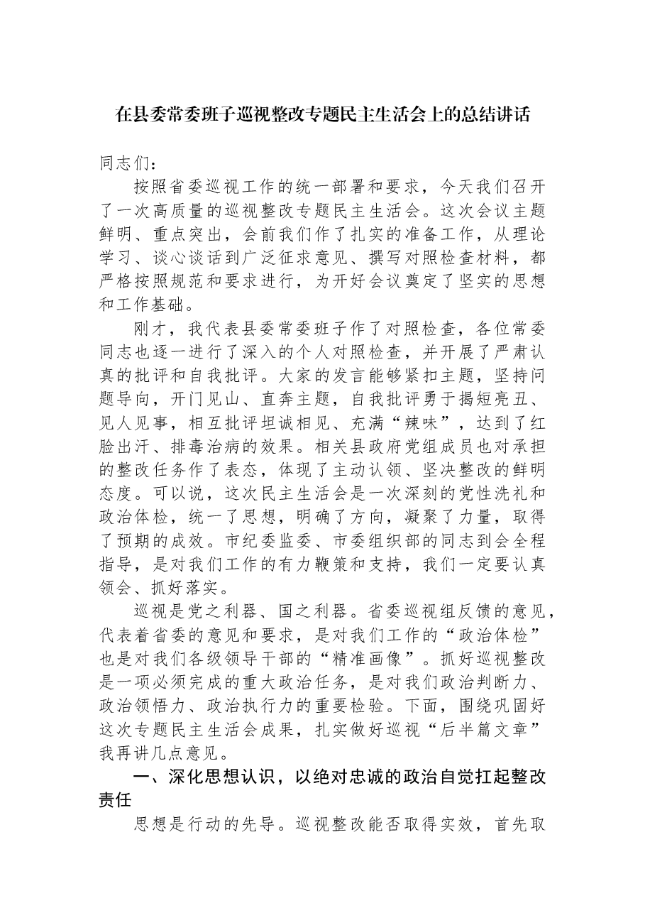在县委常委班子巡视整改专题民主生活会上的总结讲话.docx,第1页预览