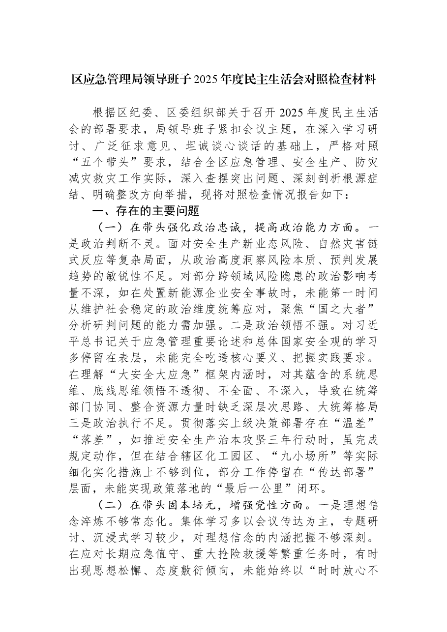 区应急管理局领导班子2025年度民主生活会对照检查材料.docx，第1页预览