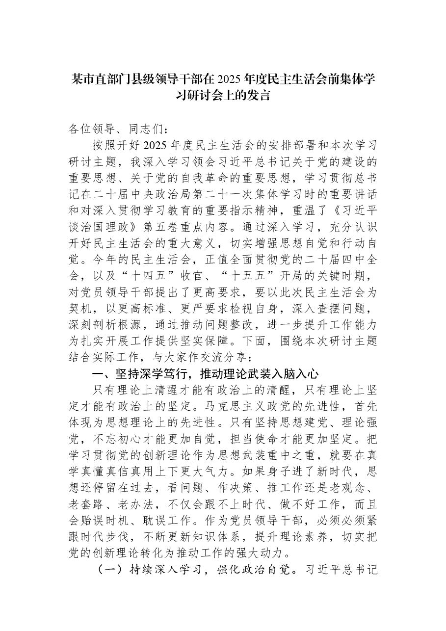 某市直部门县级领导干部在2025年度民主生活会前集体学习研讨会上的发言.docx,第1页预览