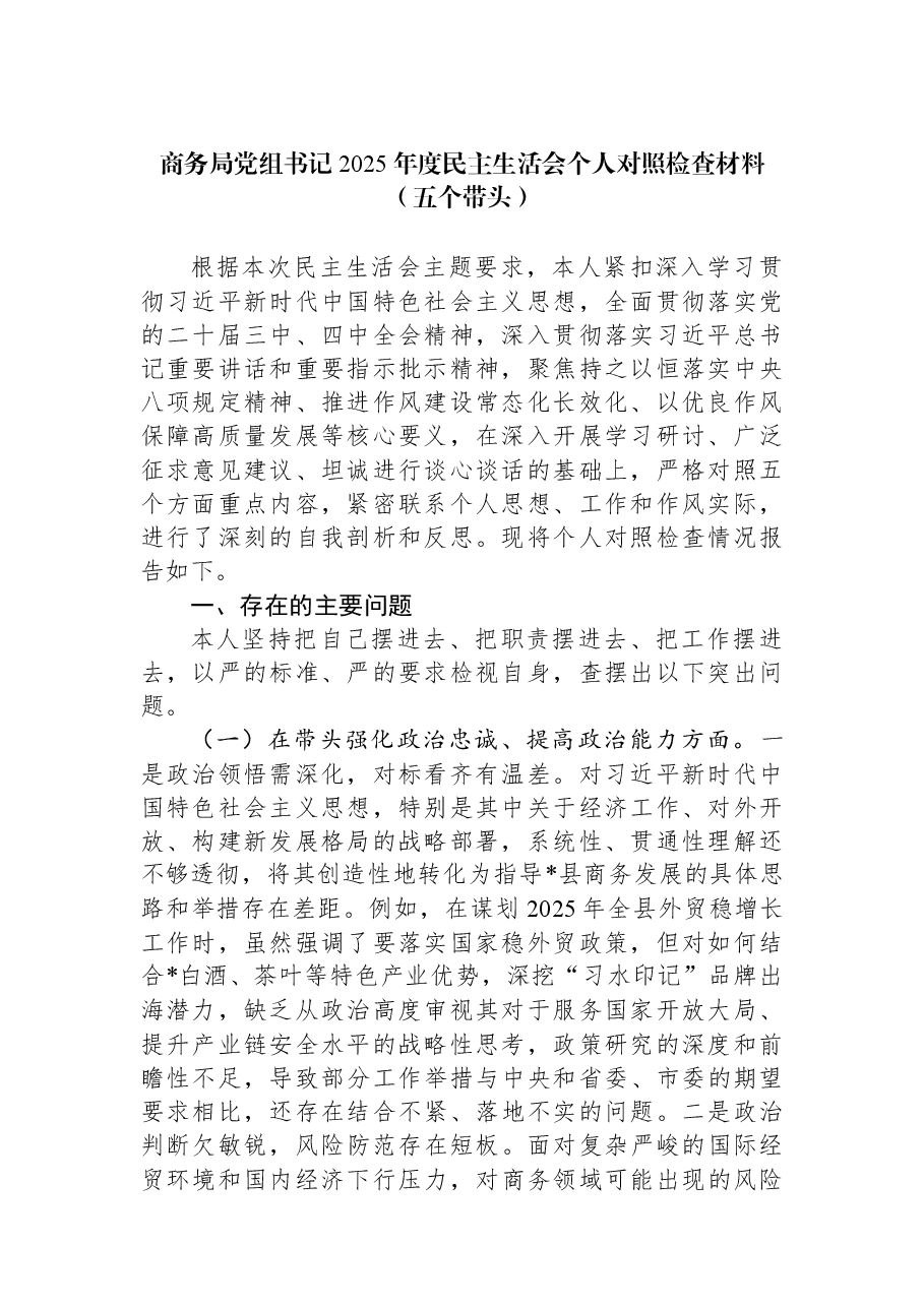 商务局党组书记2025年度民主生活会个人对照检查材料(五个带头).docx,第1页预览