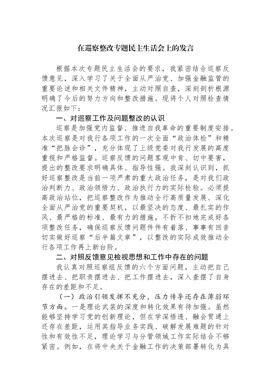 在巡察整改专题民主生活会上的发言.docx,第1页预览