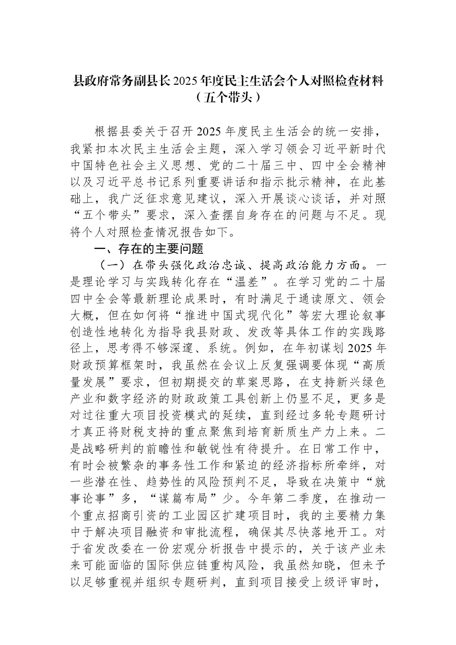 县政府常务副县长2025年度民主生活会个人对照检查材料(五个带头).docx,第1页预览