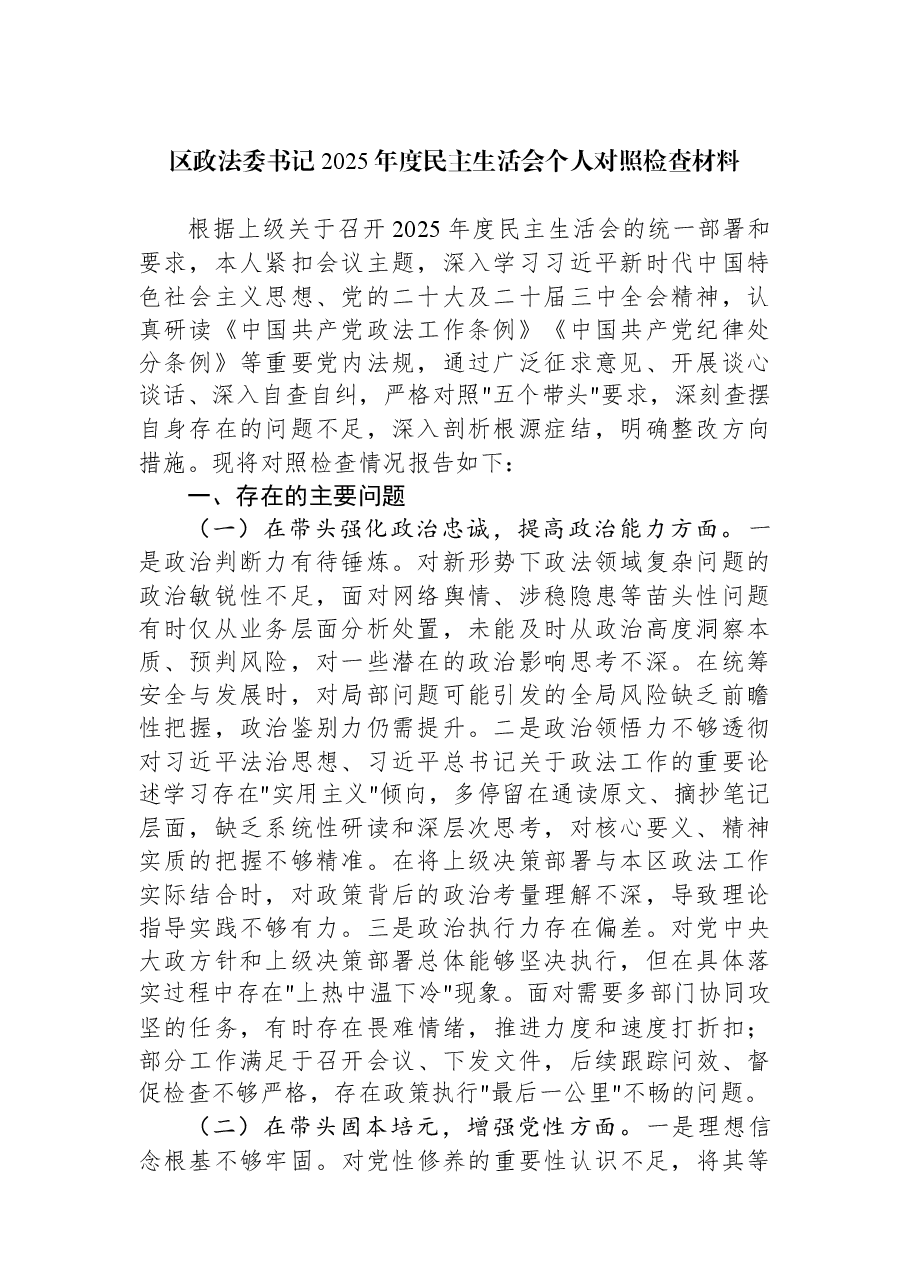 区政法委书记2025年度民主生活会个人对照检查材料.docx，第1页预览