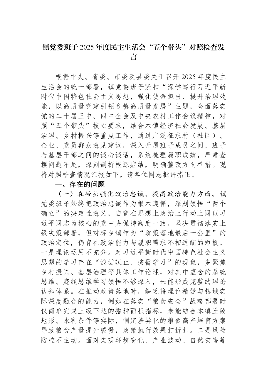 镇党委班子2025年度民主生活会“五个带头”对照检查发言.docx,第1页预览