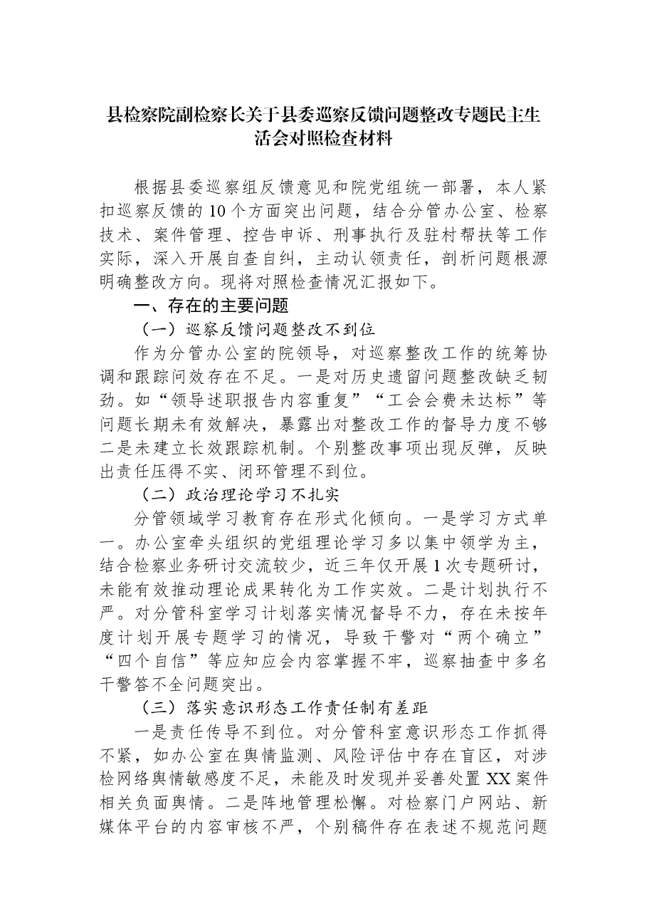 县检察院副检察长关于县委巡察反馈问题整改专题民主生活会对照检查材料.docx,第1页预览