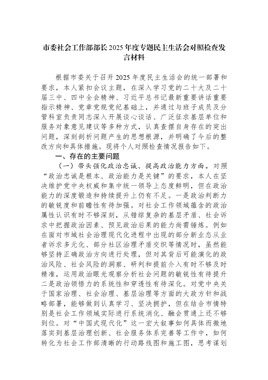 市委社会工作部部长2025年度专题民主生活会对照检查发言材料.docx,第1页预览