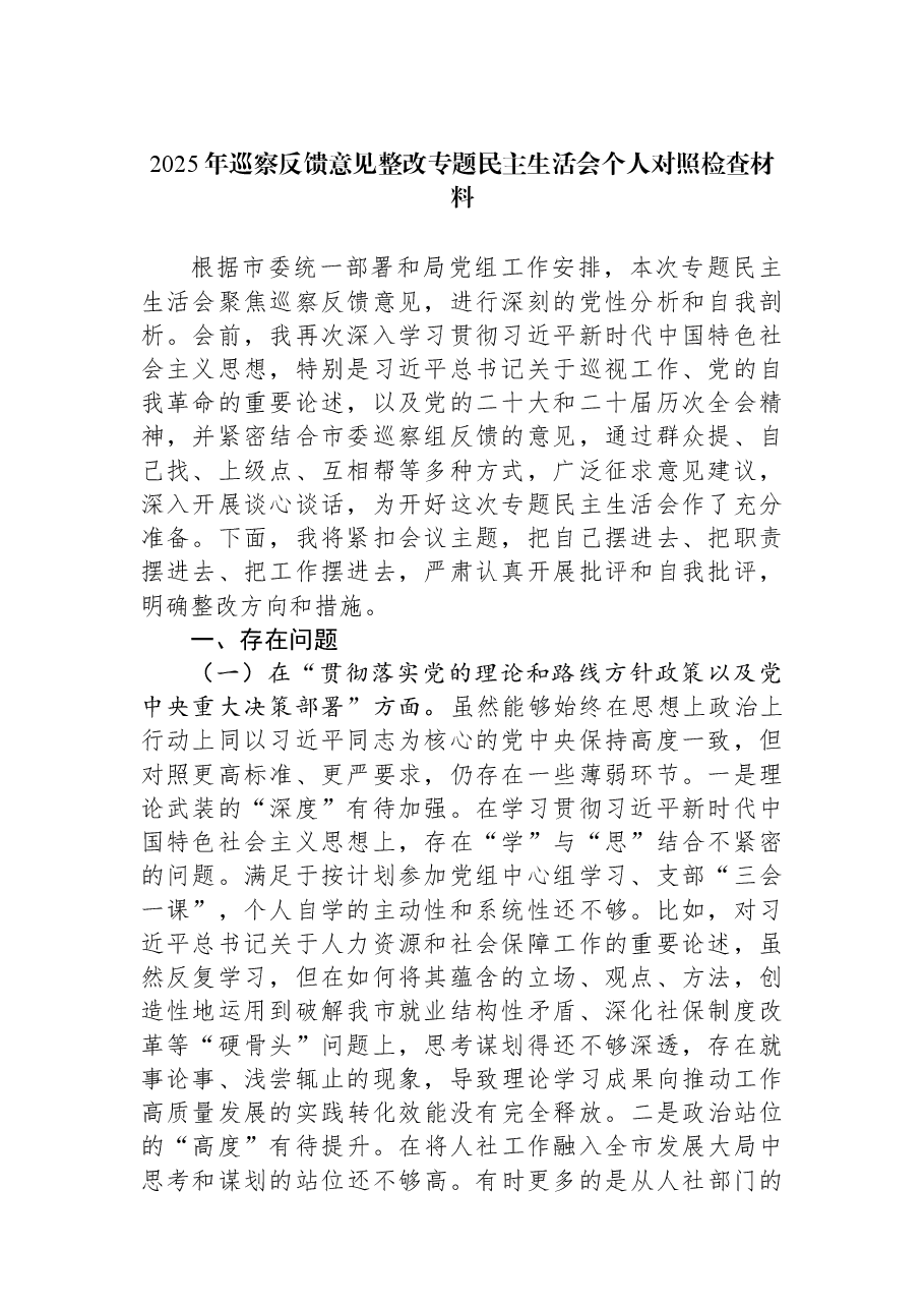 2025年巡察反馈意见整改专题民主生活会个人对照检查材料.docx,第1页预览