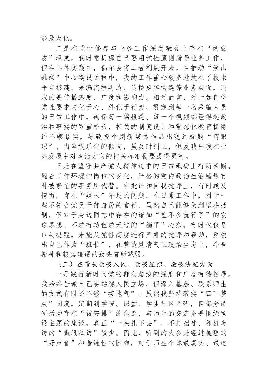 学校党委常委、宣传部部长2025年度民主生活会个人对照检查材料(五个带头).docx,第3页预览