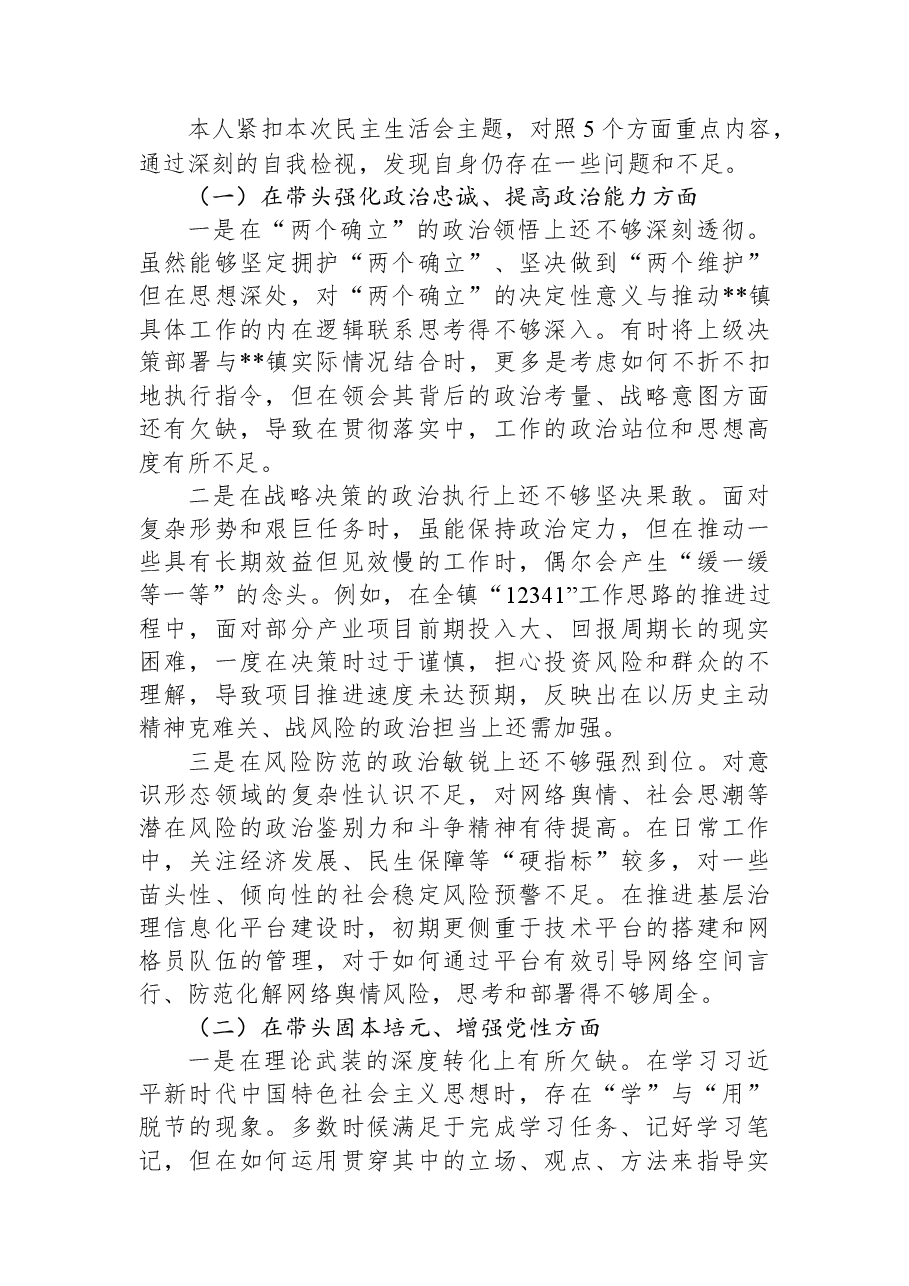 镇党委书记2025年度民主生活会个人对照检查材料（五个带头）.docx，第3页预览