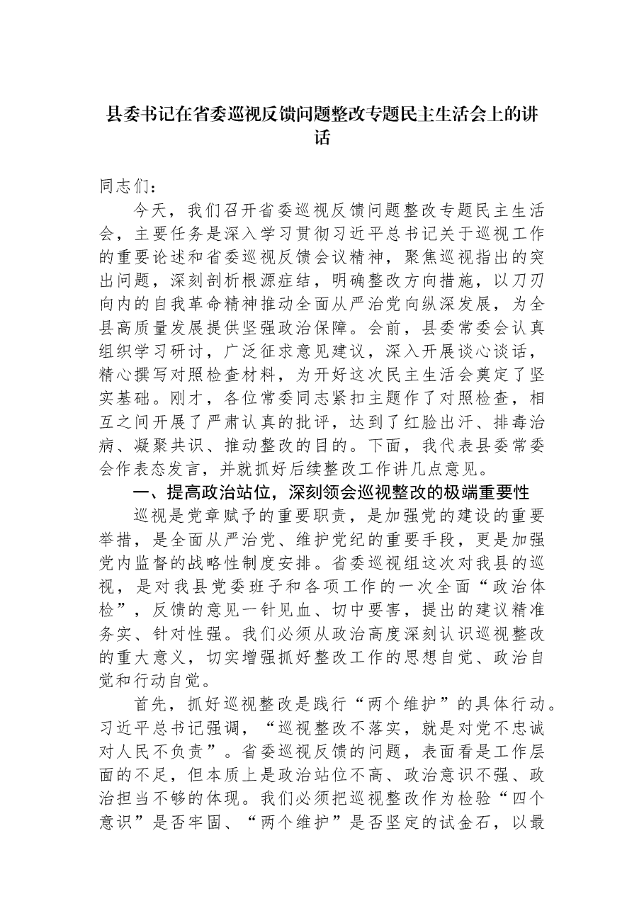县委书记在省委巡视反馈问题整改专题民主生活会上的讲话.docx,第1页预览