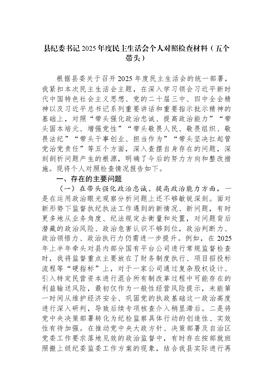 县纪委书记2025年度民主生活会个人对照检查材料(五个带头).docx,第1页预览
