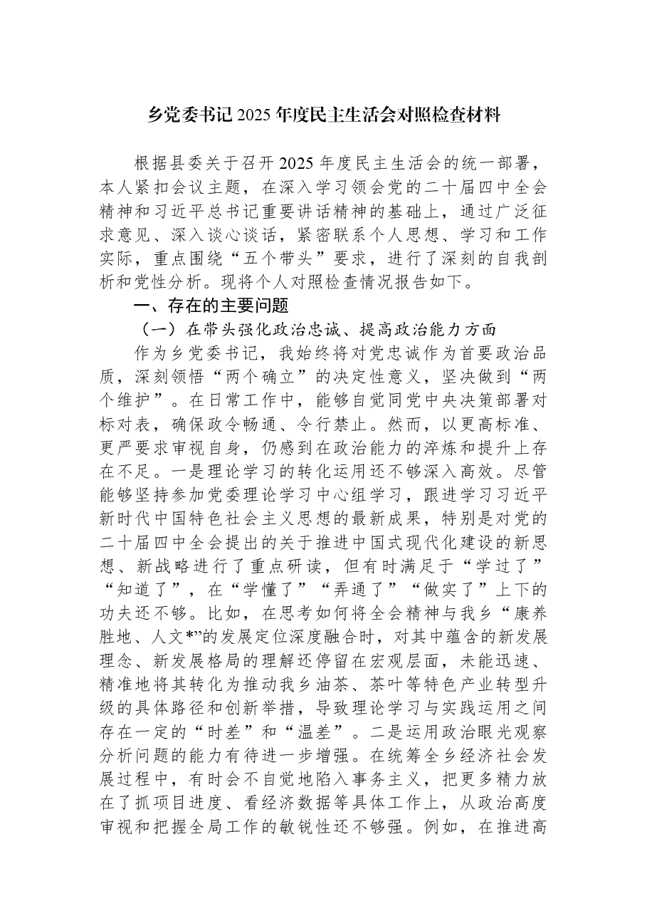 乡党委书记2025年度民主生活会对照检查材料.docx，第1页预览