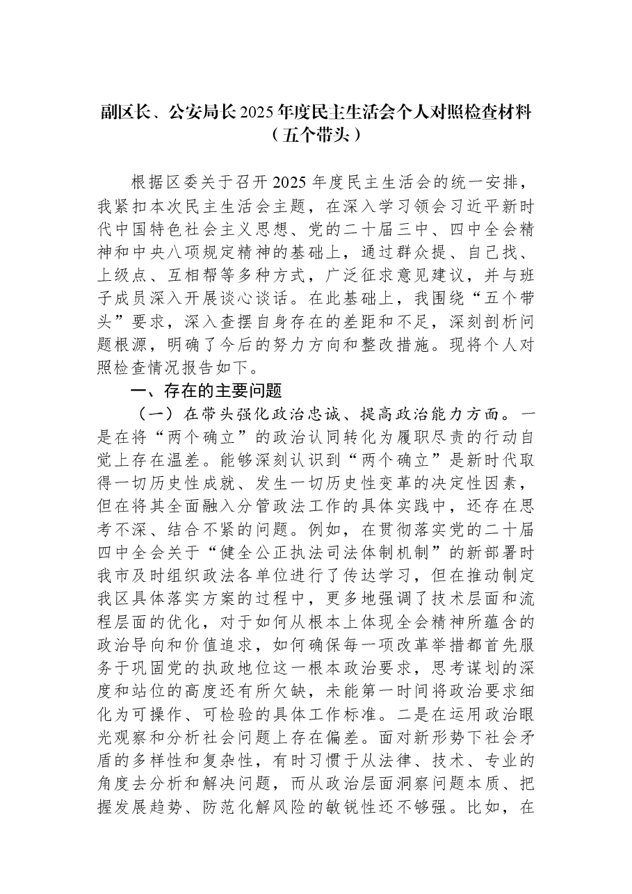 副区长、公安局长2025年度民主生活会个人对照检查材料（五个带头）.docx，第1页预览