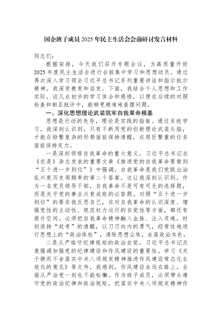 国企班子成员2025年民主生活会会前研讨发言材料.docx,第1页预览