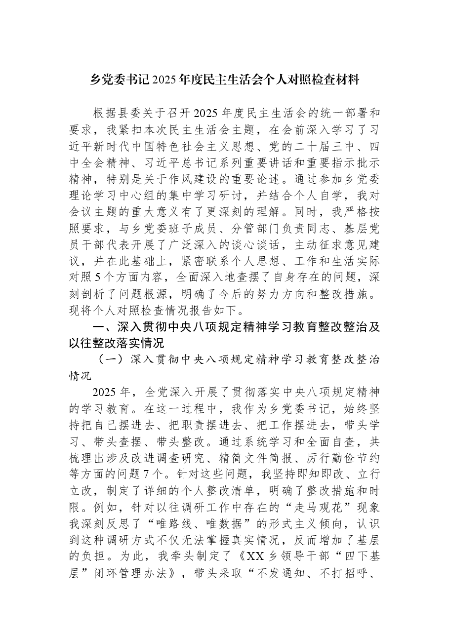 乡党委书记2025年度民主生活会个人对照检查材料.docx,第1页预览
