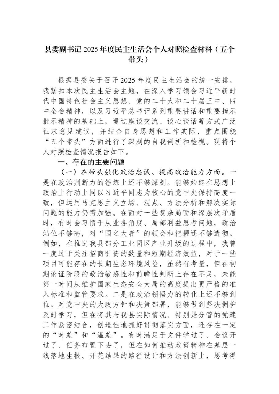 县委副书记2025年度民主生活会个人对照检查材料(五个带头).docx,第1页预览