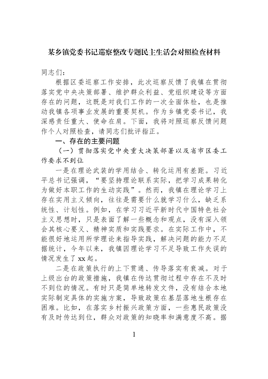 某乡镇党委书记巡察整改专题民主生活会对照检查材料.docx,第1页预览