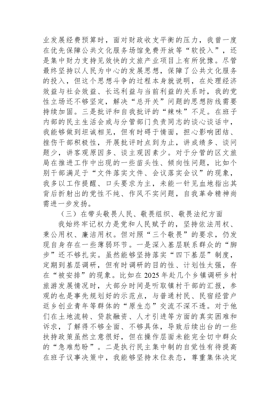 分管文化旅游副区长2025年度民主生活会个人对照检查材料(五个带头).docx,第3页预览