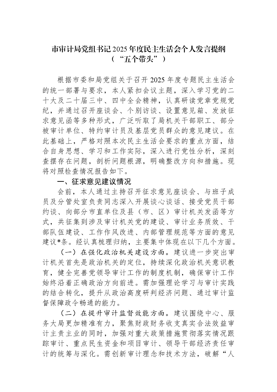 市审计局党组书记2025年度民主生活会个人发言提纲（“五个带头”）.docx，第1页预览