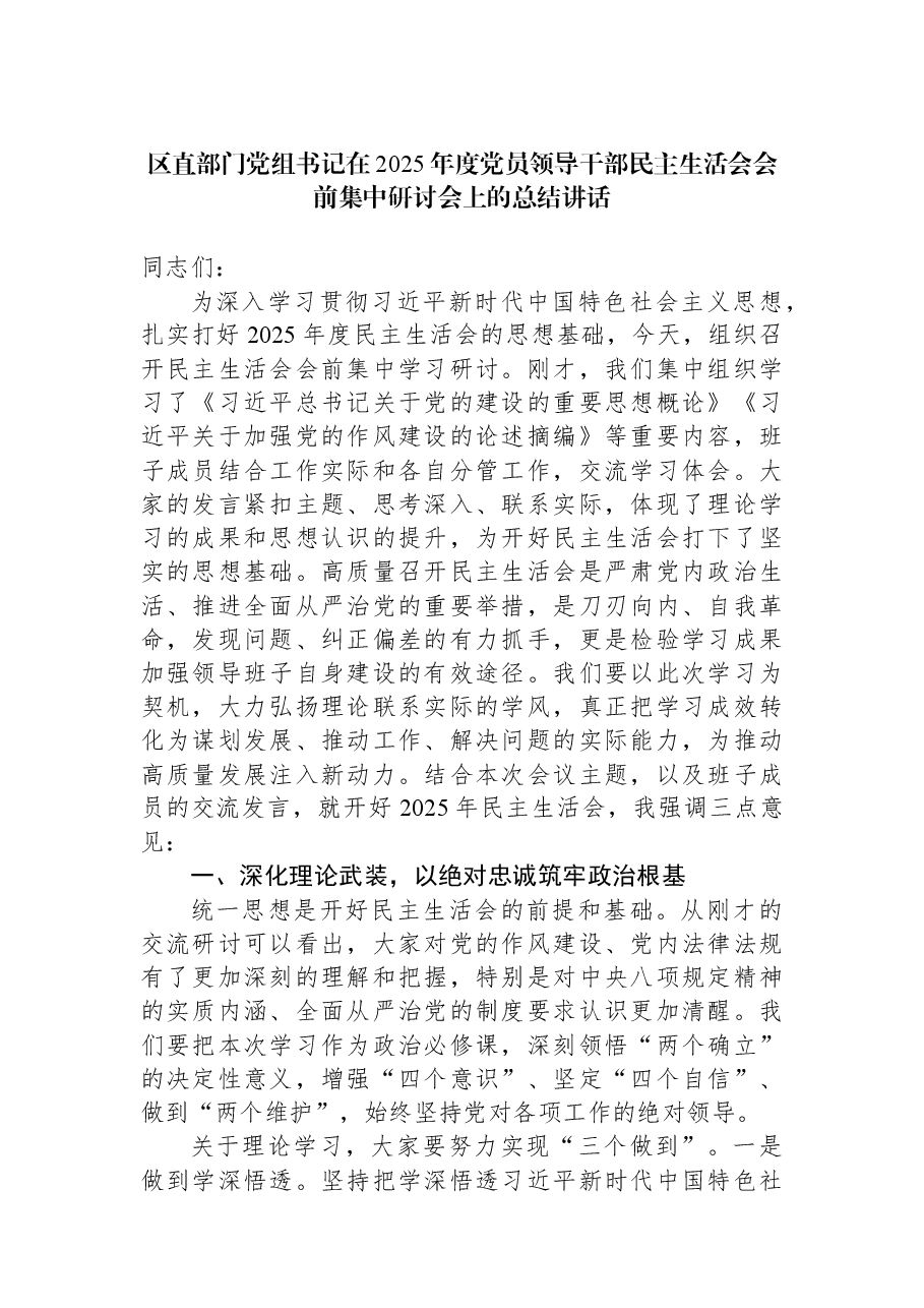 区直部门党组书记在2025年度党员领导干部民主生活会会前集中研讨会上的总结讲话.docx,第1页预览