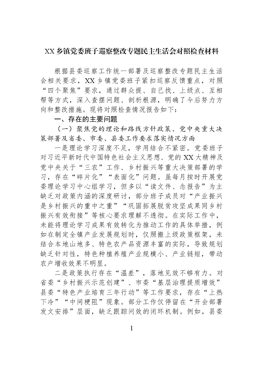 XX乡镇党委班子巡察整改专题民主生活会对照检查材料.docx,第1页预览