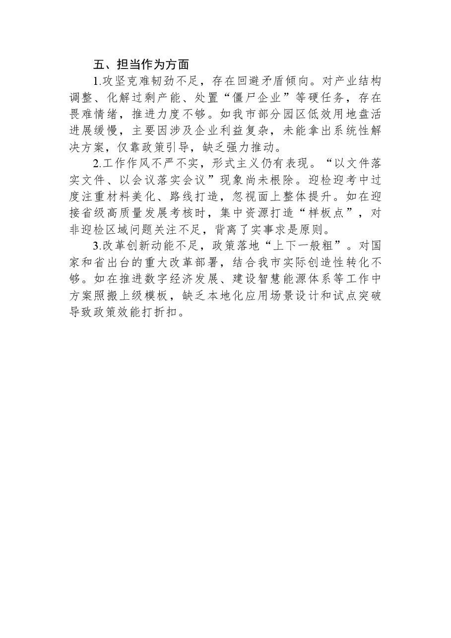 市直单位领导干部2025年民主生活会查摆问题清单(五个方面共15条).docx,第4页预览