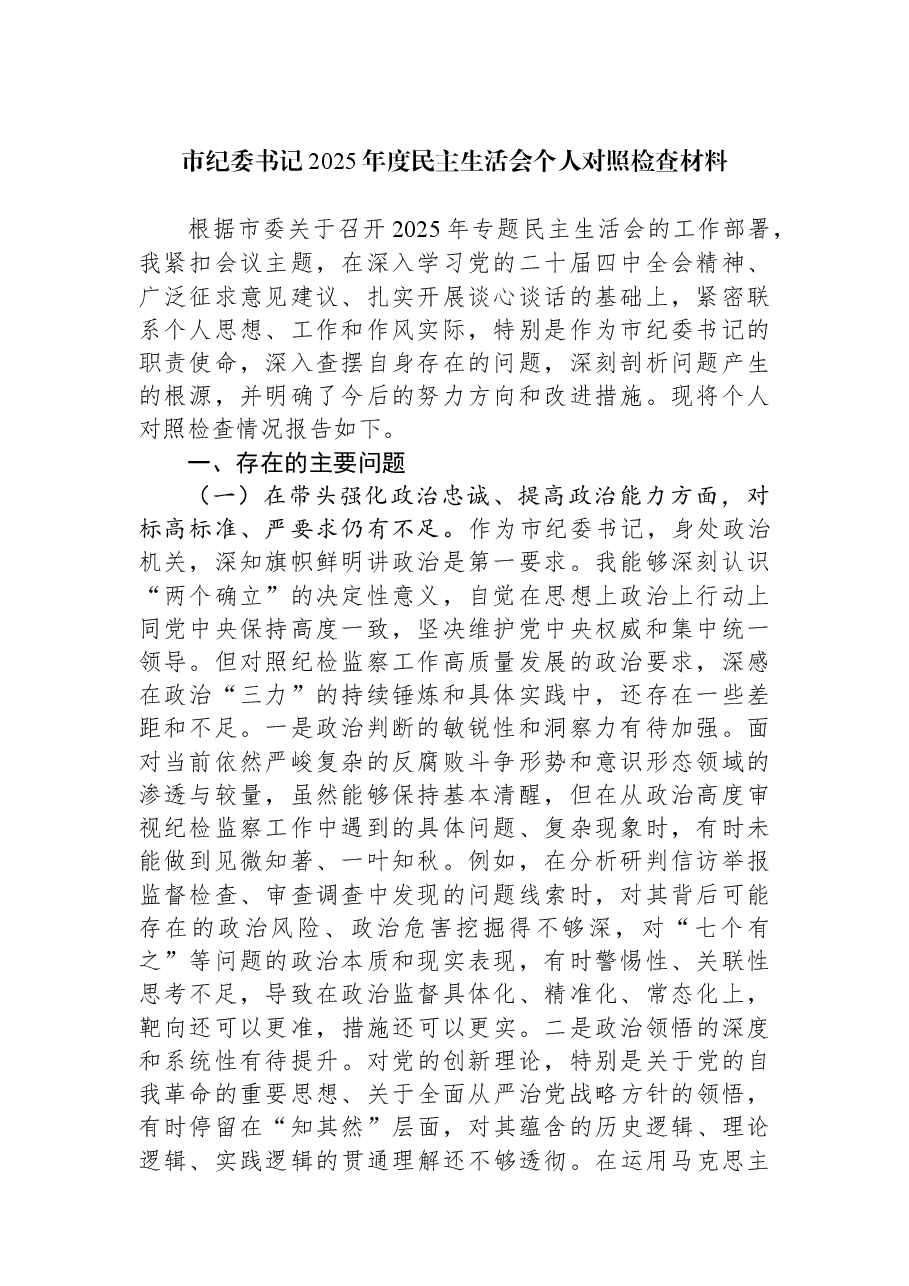 市纪委书记2025年度民主生活会个人对照检查材料.docx,第1页预览