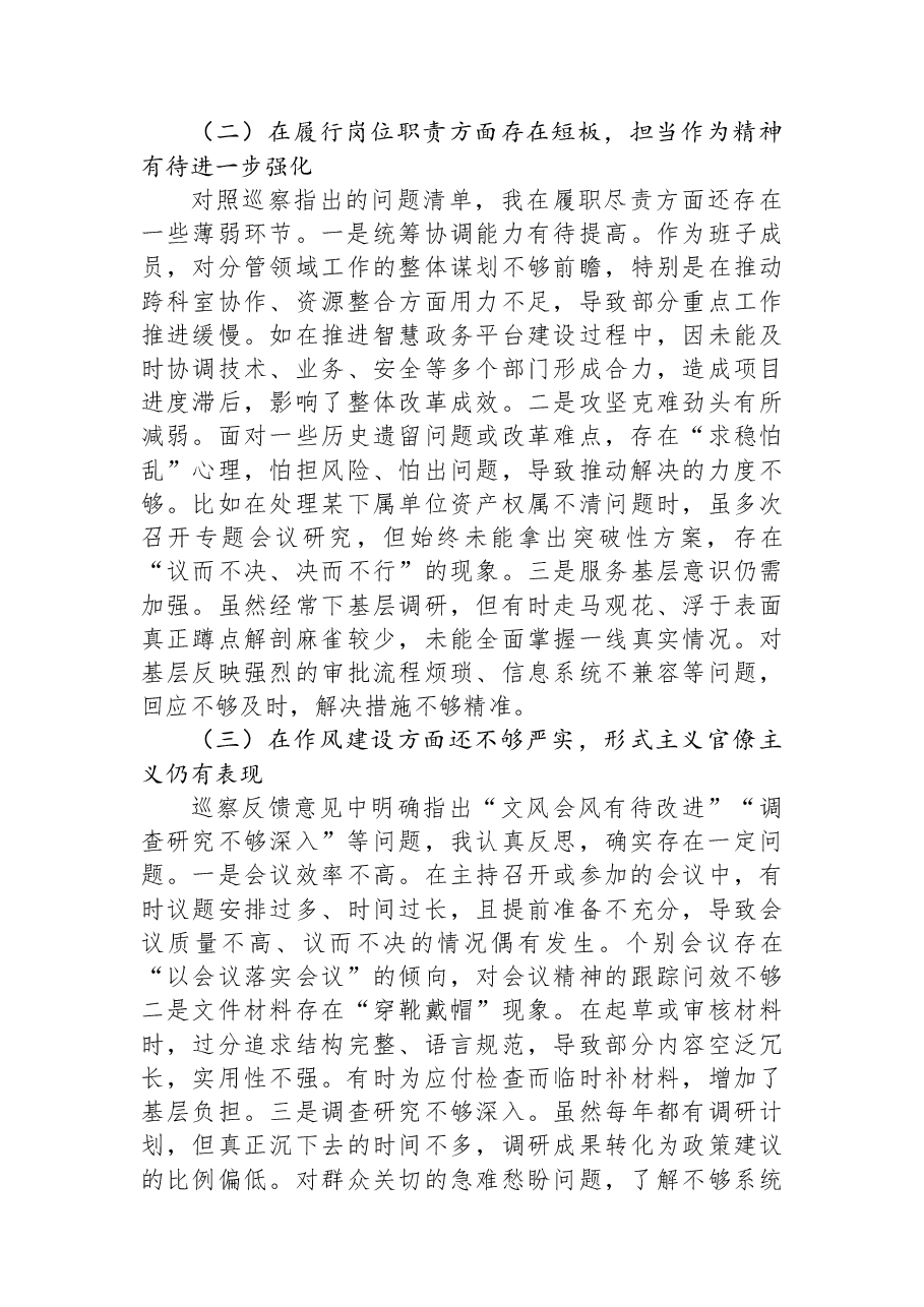 2025年度局巡察反馈意见整改专题民主生活会个人对照检查材料.docx，第2页预览
