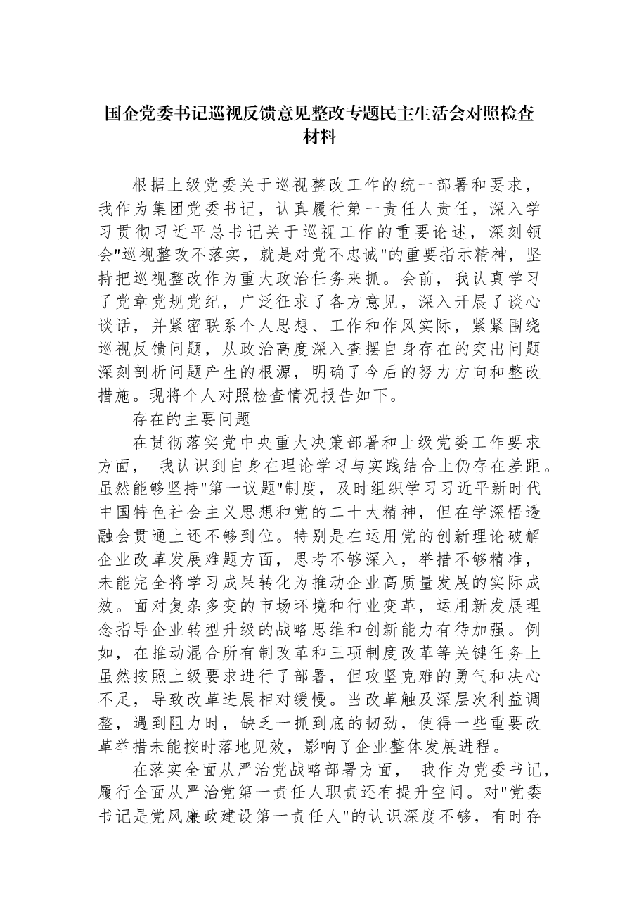国企党委书记巡视反馈意见整改专题民主生活会对照检查材料.docx,第1页预览
