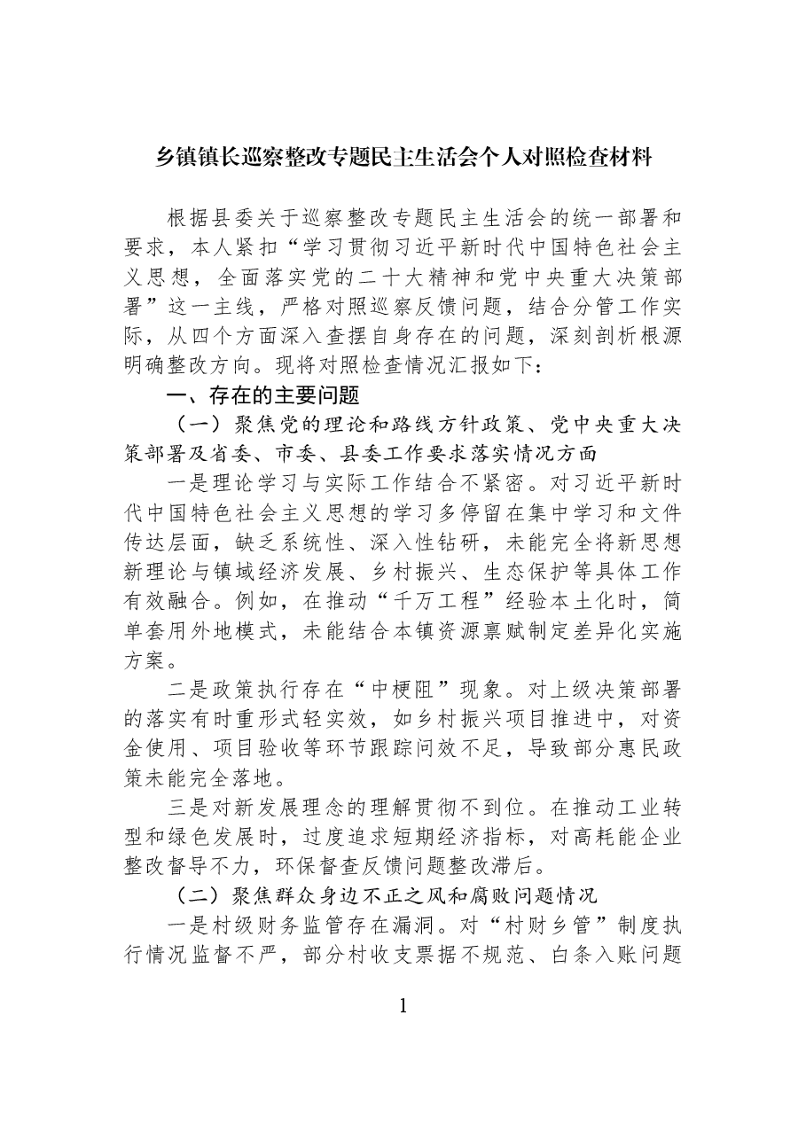 乡镇镇长巡察整改专题民主生活会个人对照检查材料.docx,第1页预览