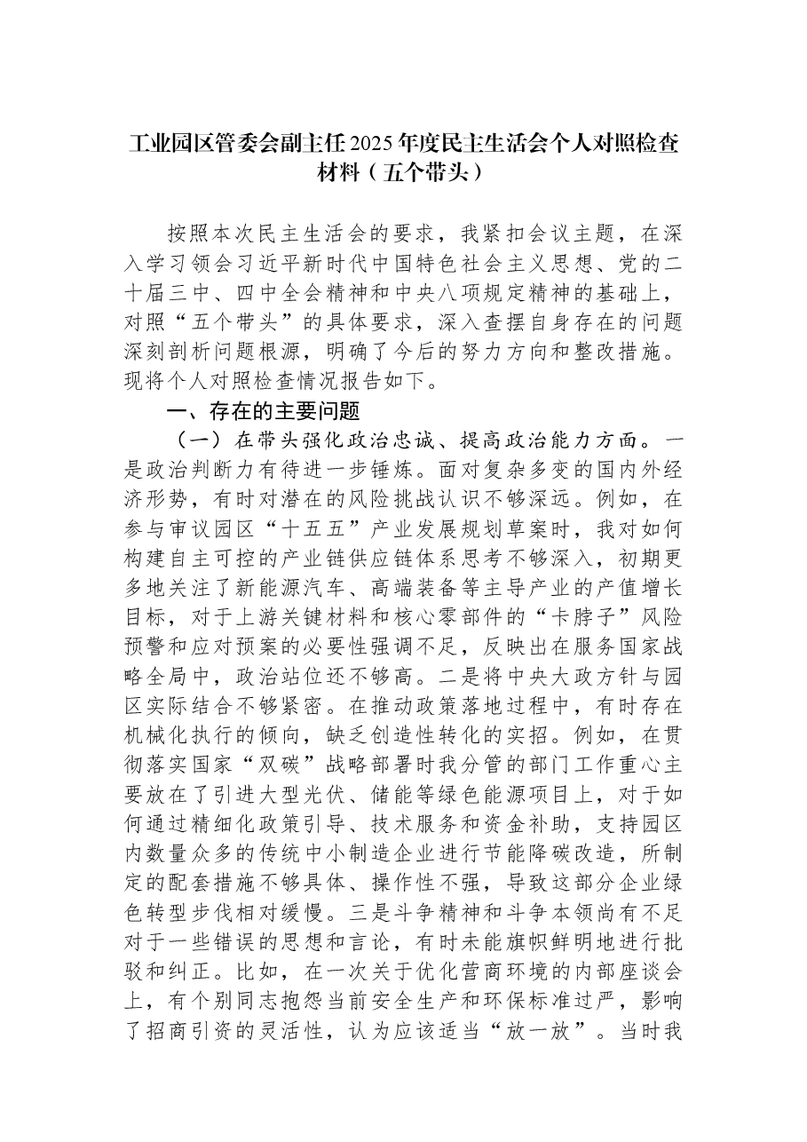 工业园区管委会副主任2025年度民主生活会个人对照检查材料（五个带头）.docx，第1页预览