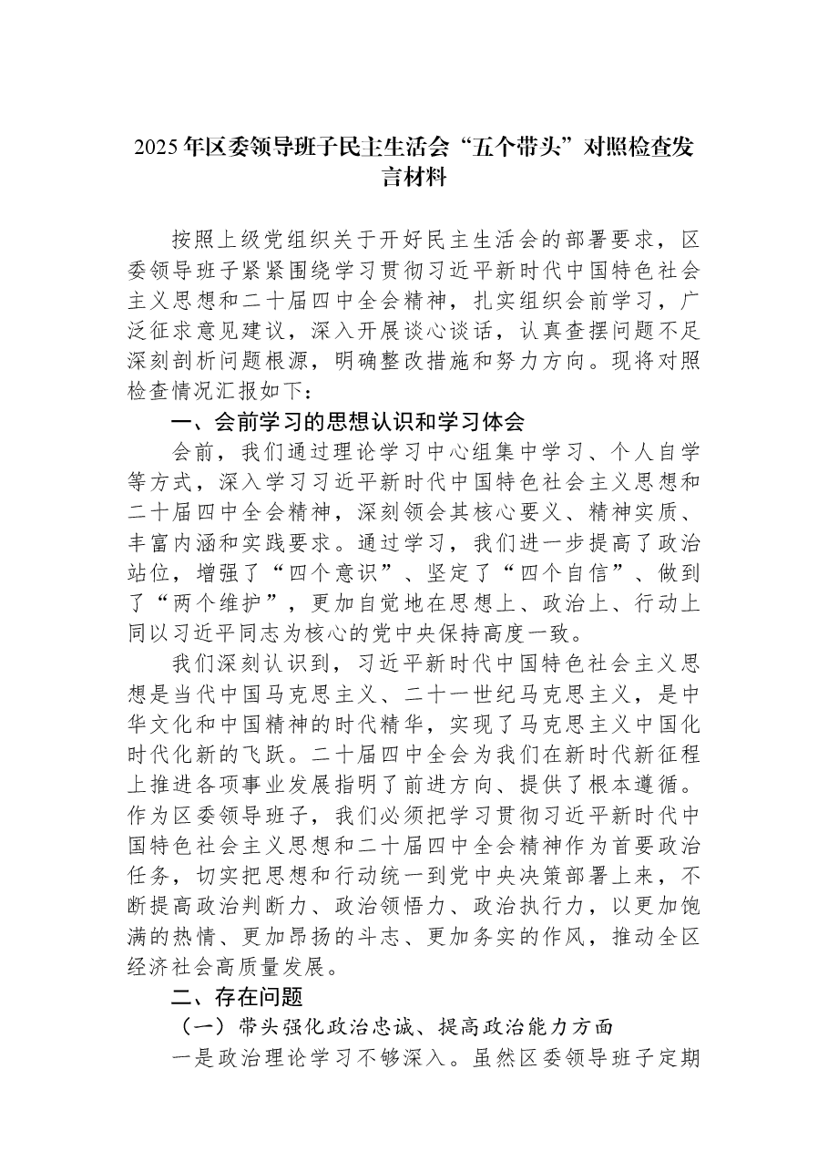 （12篇）2025年民主生活会“五个带头”对照检查发言材料汇编.docx，第2页预览