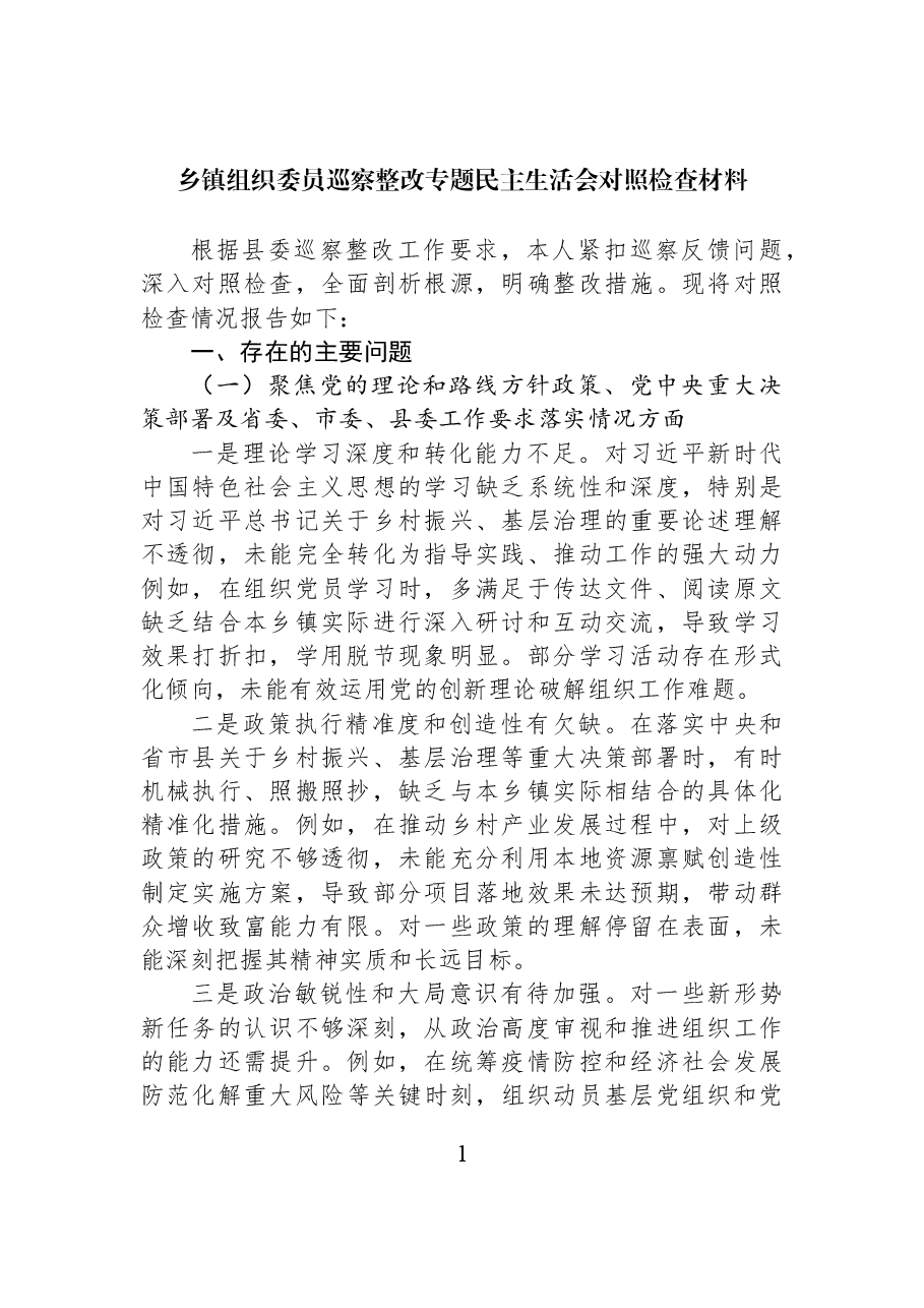 乡镇组织委员巡察整改专题民主生活会对照检查材料.docx,第1页预览