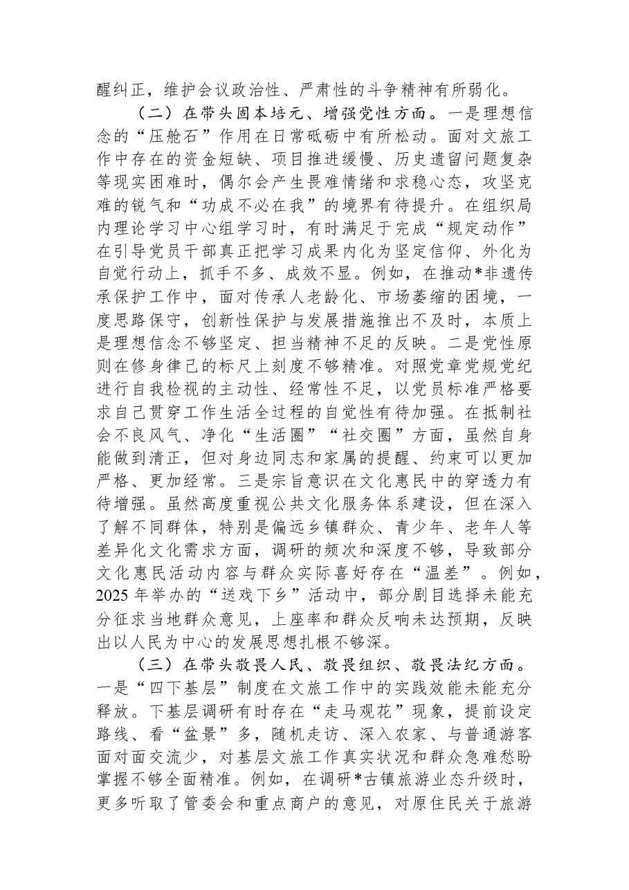 文化和旅游局党组书记2025年度民主生活会个人对照检查材料(五个带头).docx,第2页预览