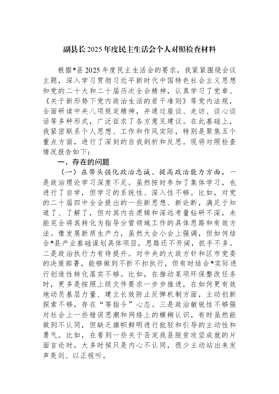 副县长2025年度民主生活会个人对照检查材料.docx，第1页预览