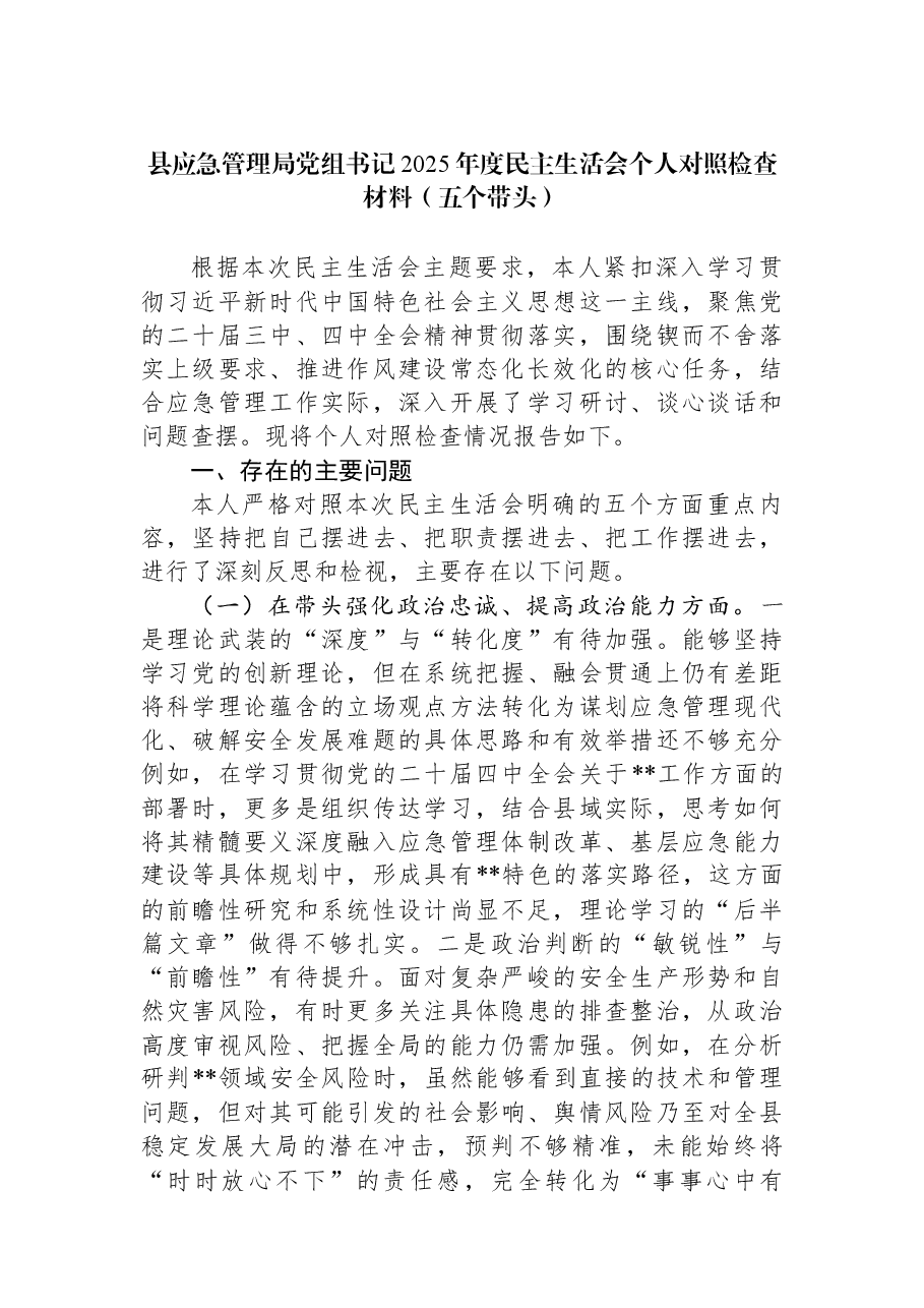 县应急管理局党组书记2025年度民主生活会个人对照检查材料(五个带头).docx,第1页预览