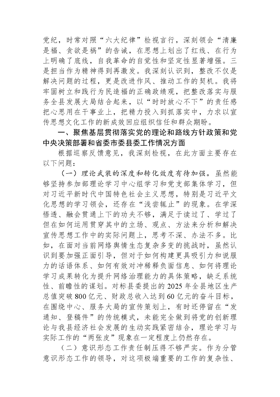 关于2025年县委巡察组巡察反馈意见的整改专题民主生活会对照检查材料.docx,第2页预览