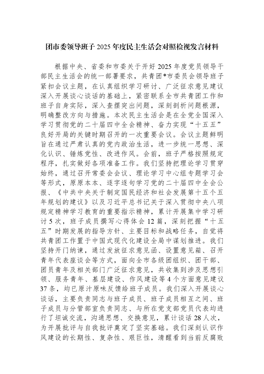 团市委领导班子2025年度民主生活会对照检视发言材料.docx,第1页预览