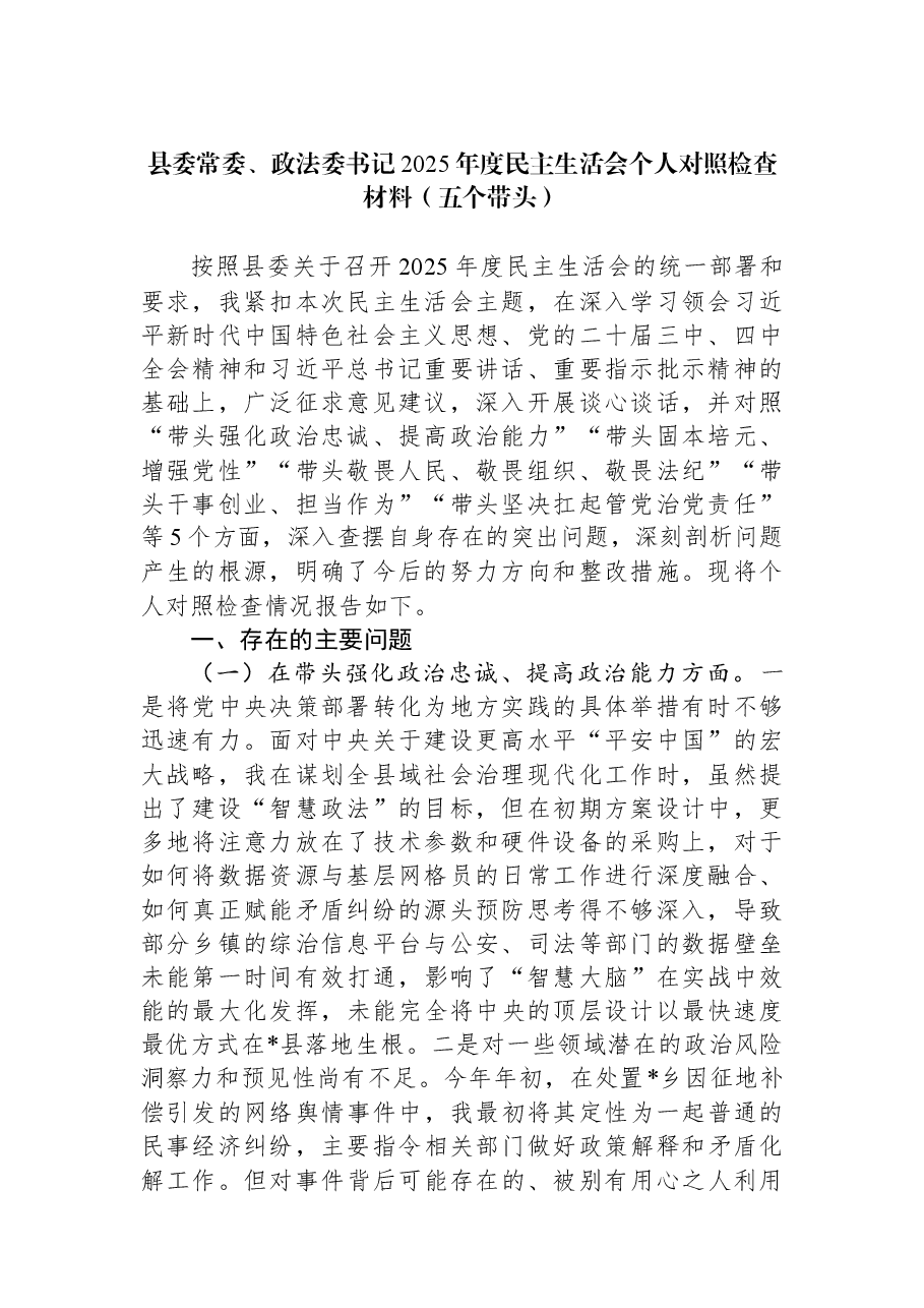 县委常委、政法委书记2025年度民主生活会个人对照检查材料(五个带头).docx,第1页预览